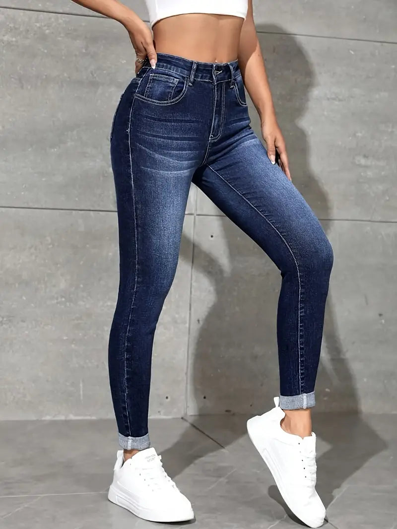 Whiskering Rolled Up Hem Skinny Jeans, High Rise Stretchy Elegant Denim Pants