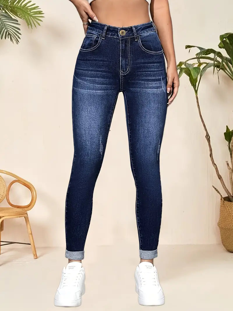 Whiskering Rolled Up Hem Skinny Jeans, High Rise Stretchy Elegant Denim Pants