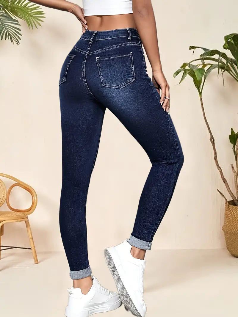 Whiskering Rolled Up Hem Skinny Jeans, High Rise Stretchy Elegant Denim Pants