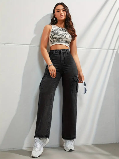 High Waist Denim Cargo Pants with Fashionable Flap Pockets