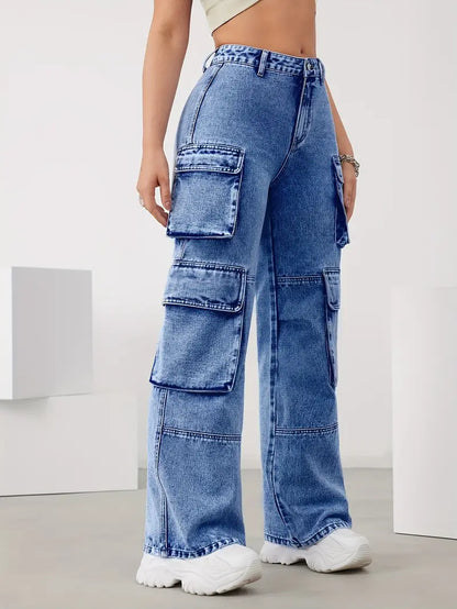 Women's High Waisted Cargo Jeans - Multiple Pockets