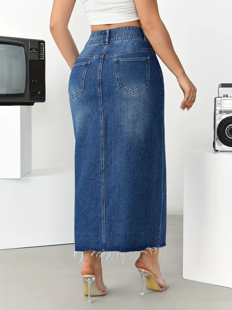Chic High-Waist Midi Denim Skirt with Split, Frayed Hem & Pockets