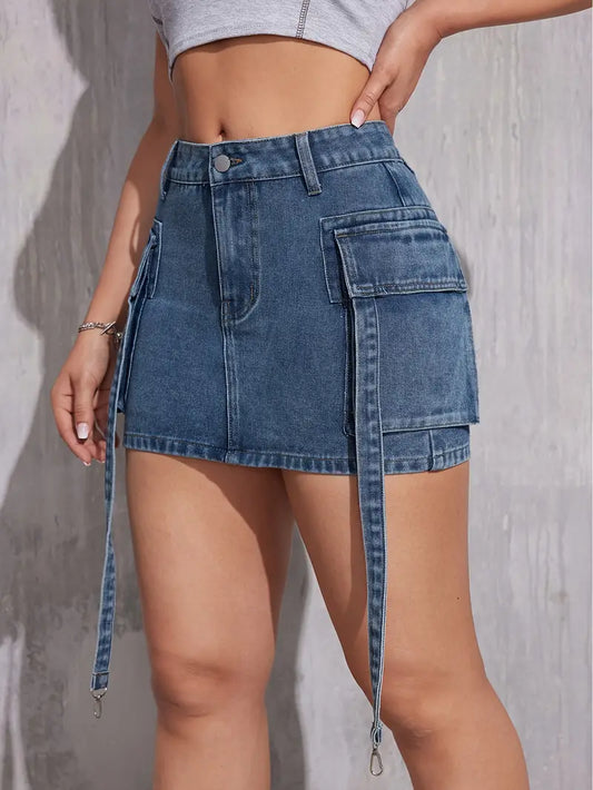 Cargo Mini Denim Skirt With Flap Pockets