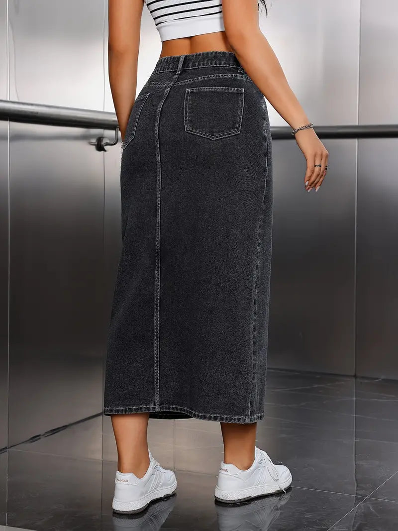 Vintage Y2K Button Front Split Hem Slim Fit Denim Skirt, Women's Denim