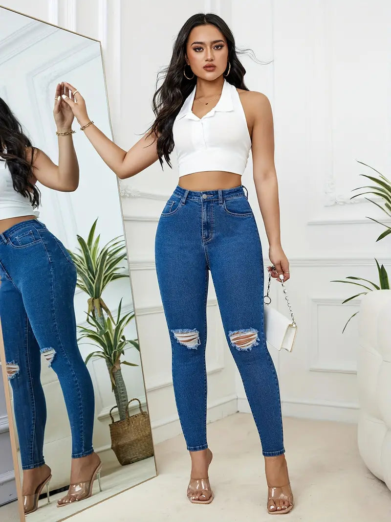 Ripped High Rise Skinny Jeans, Plain Washed Slash Pocket High
