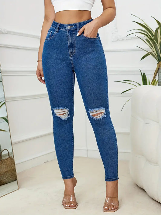 Ripped High Rise Skinny Jeans, Plain Washed Slash Pocket High