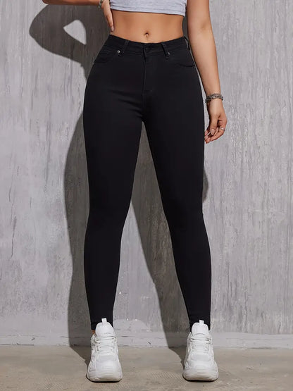 High Rise Plain Skinny Jeans, Slash Pocket High Stretch Versatile Denim Pants
