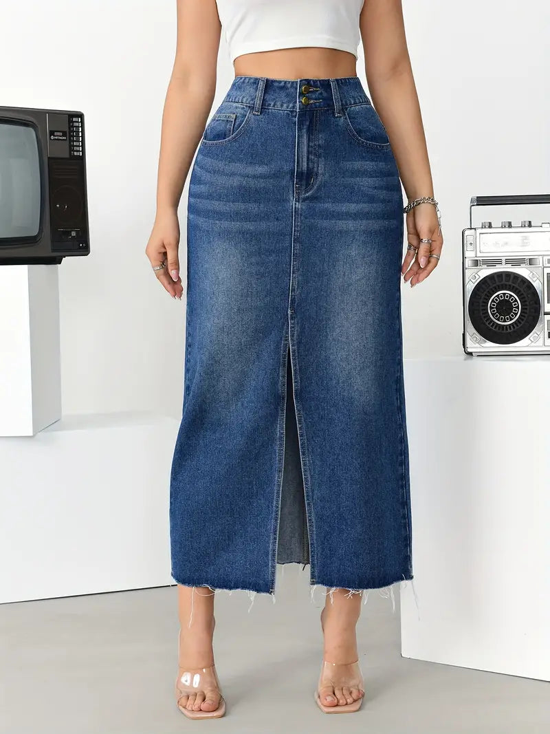 Chic High-Waist Midi Denim Skirt with Split, Frayed Hem & Pockets
