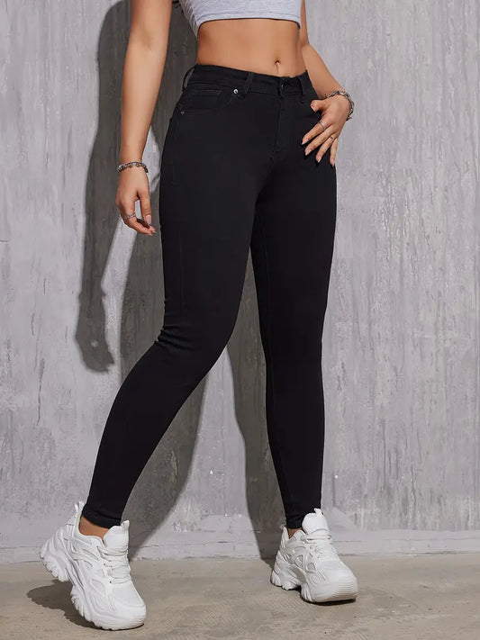 High Rise Plain Skinny Jeans, Slash Pocket High Stretch Versatile Denim Pants