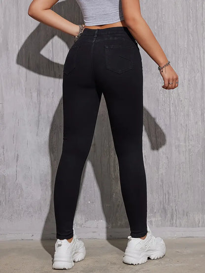High Rise Plain Skinny Jeans, Slash Pocket High Stretch Versatile Denim Pants