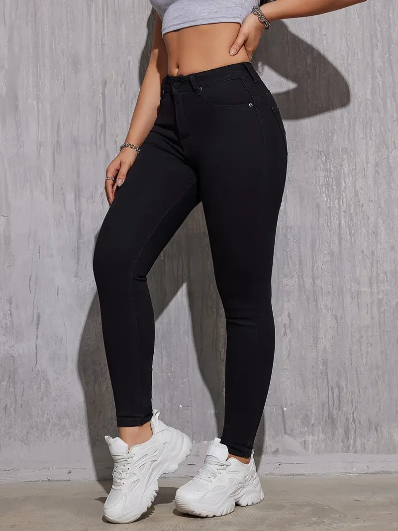High Rise Plain Skinny Jeans, Slash Pocket High Stretch Versatile Denim Pants