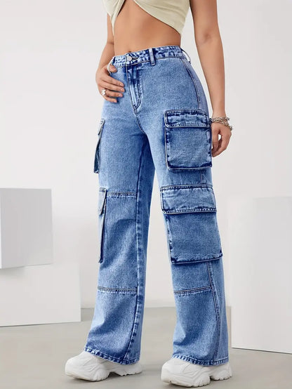 Women's High Waisted Cargo Jeans - Multiple Pockets