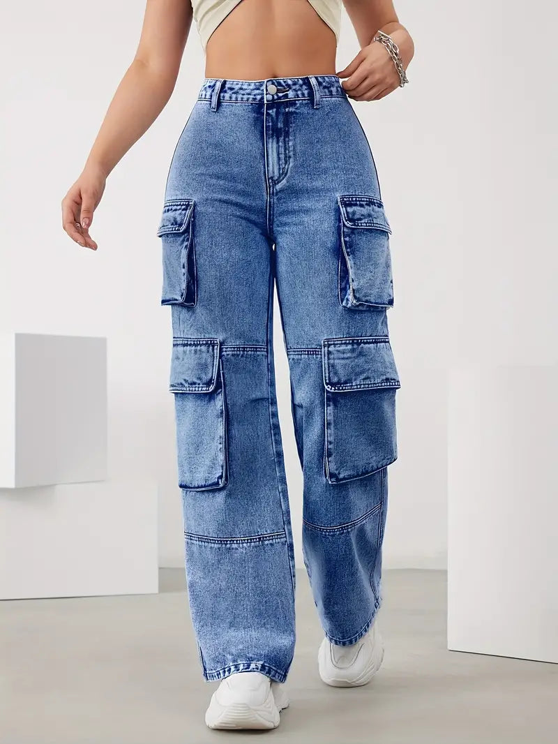 Women's High Waisted Cargo Jeans - Multiple Pockets
