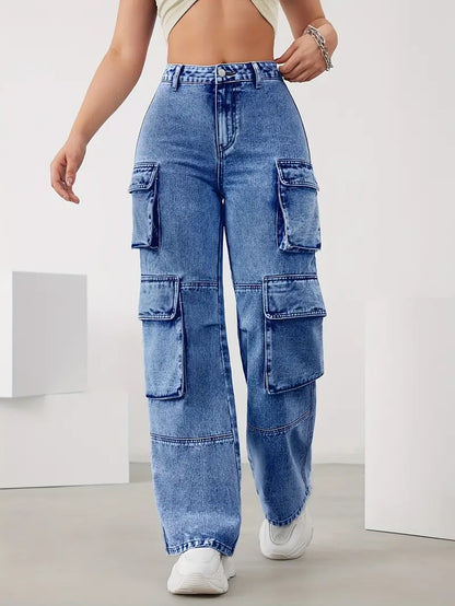 Women's High Waisted Cargo Jeans - Multiple Pockets
