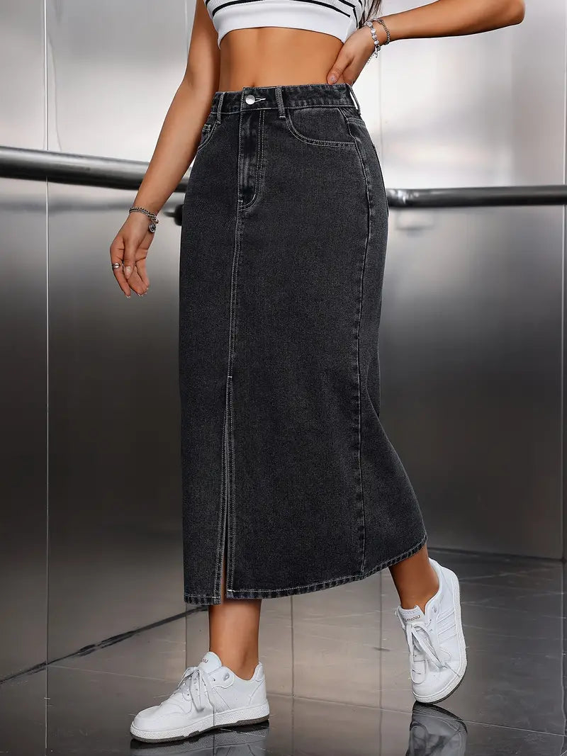 Vintage Y2K Button Front Split Hem Slim Fit Denim Skirt, Women's Denim