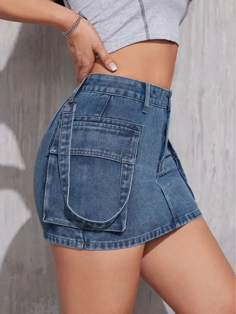 Cargo Mini Denim Skirt With Flap Pockets