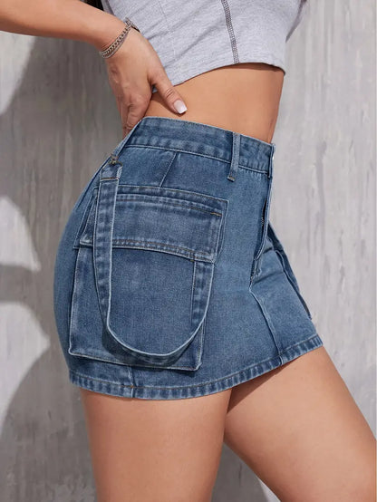 Cargo Mini Denim Skirt With Flap Pockets