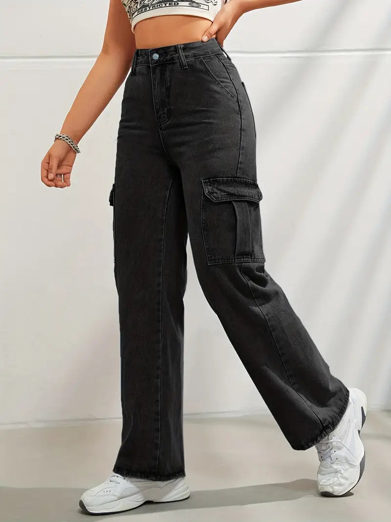 High Waist Denim Cargo Pants with Fashionable Flap Pockets