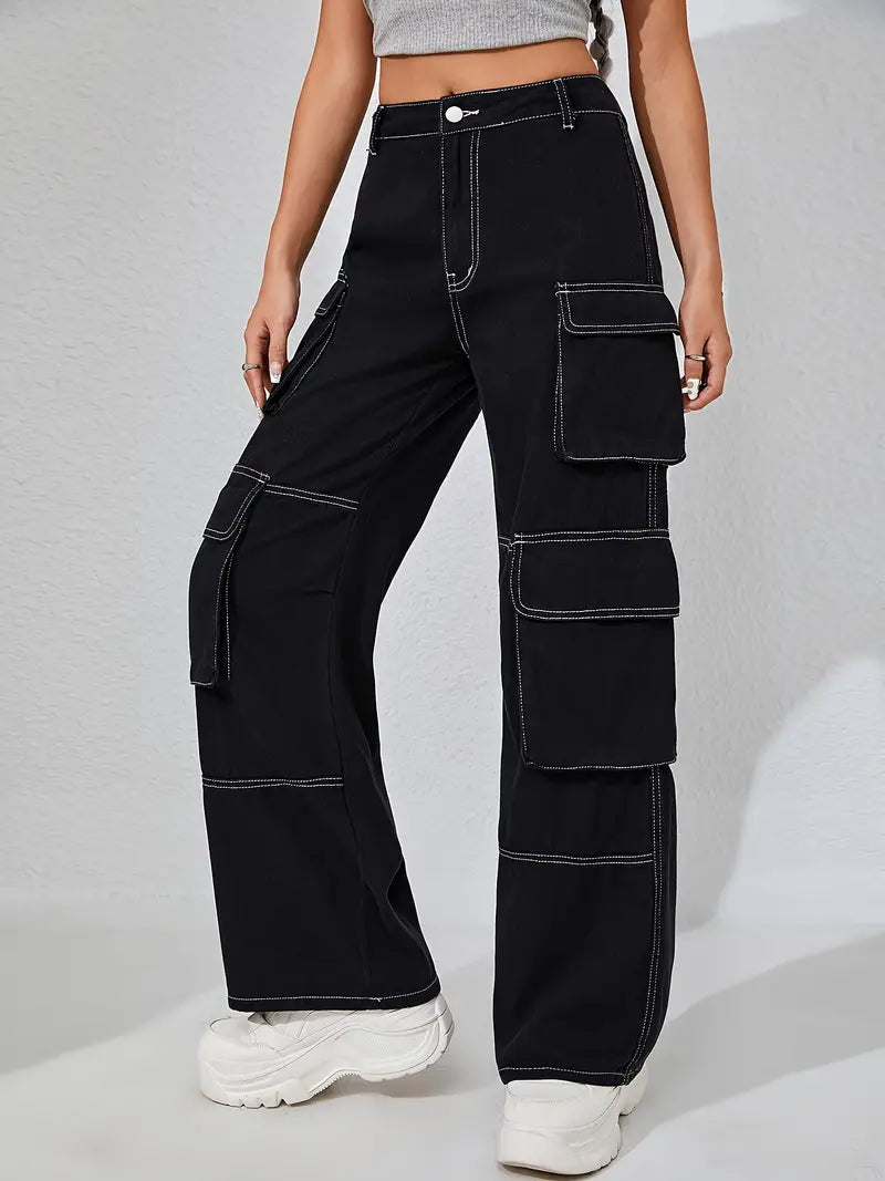 Women's Black Color Denim Cargo Pants - Multiple Pockets