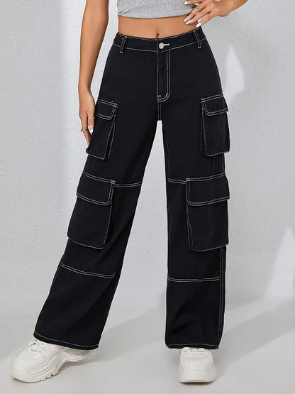 Women's Black Color Denim Cargo Pants - Multiple Pockets