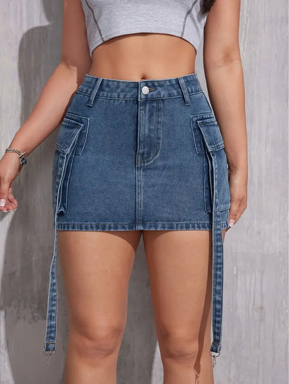 Cargo Mini Denim Skirt With Flap Pockets