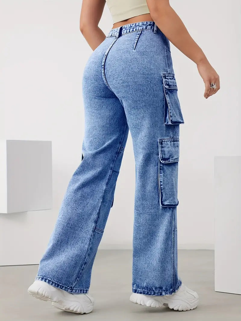 Women's High Waisted Cargo Jeans - Multiple Pockets