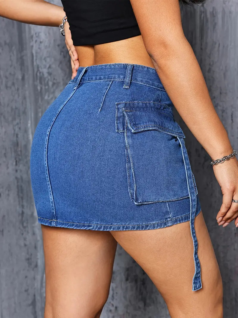Cargo Mini Denim Skirt With Flap Pockets