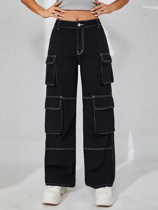 Women's Black Color Denim Cargo Pants - Multiple Pockets