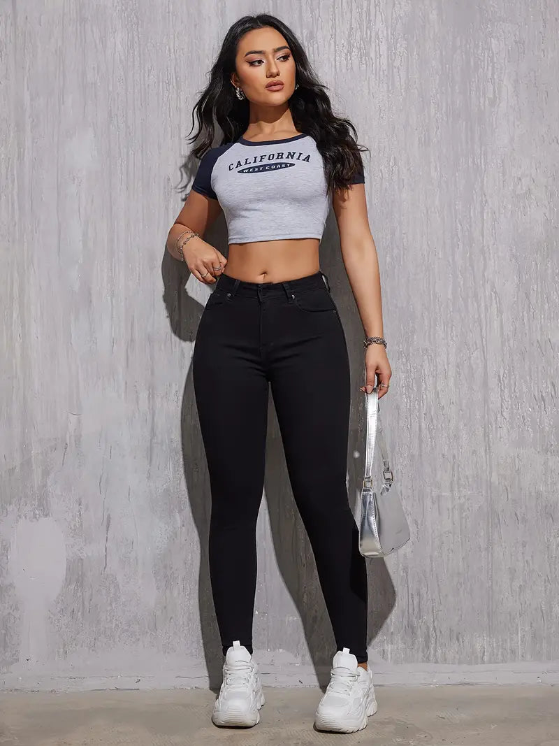 High Rise Plain Skinny Jeans, Slash Pocket High Stretch Versatile Denim Pants