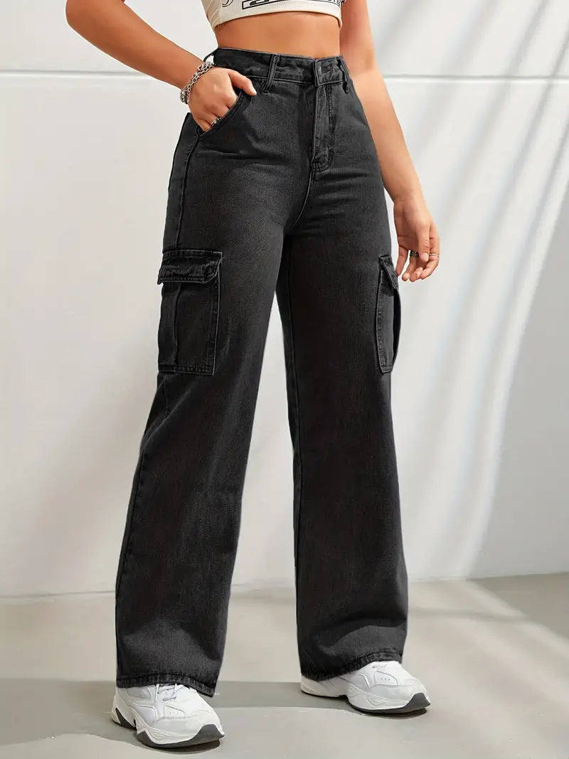 High Waist Denim Cargo Pants with Fashionable Flap Pockets