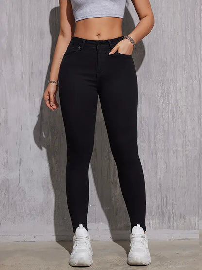 High Rise Plain Skinny Jeans, Slash Pocket High Stretch Versatile Denim Pants