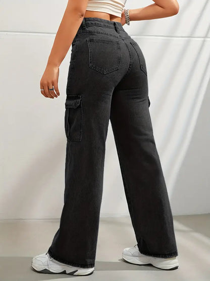 High Waist Denim Cargo Pants with Fashionable Flap Pockets