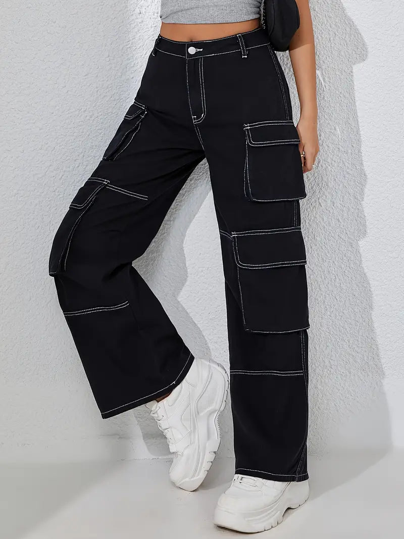 Women's Black Color Denim Cargo Pants - Multiple Pockets