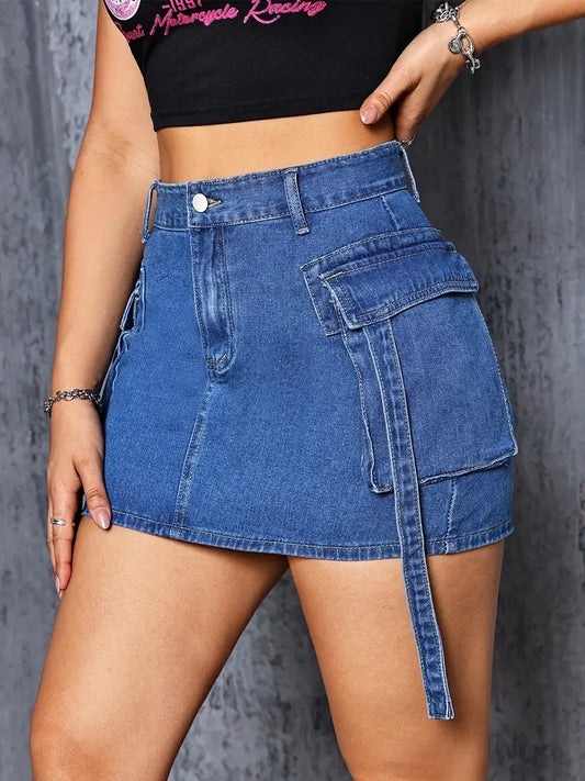 Cargo Mini Denim Skirt With Flap Pockets