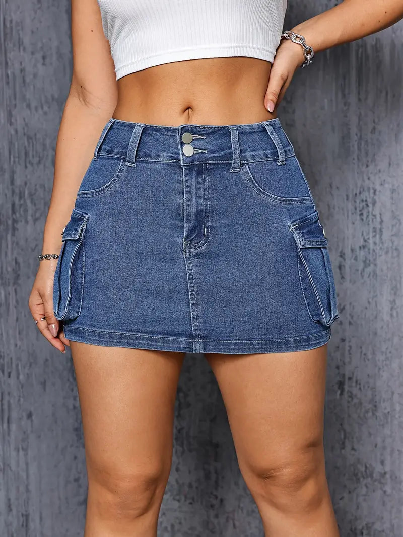 Side Flap Pocket Cargo Mini Denim Skirt - Plain Washed Blue Denim