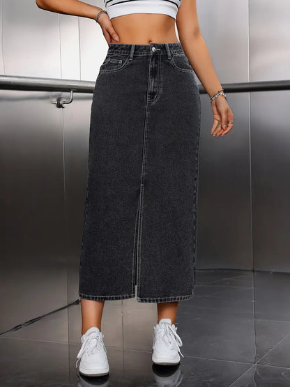 Vintage Y2K Button Front Split Hem Slim Fit Denim Skirt, Women's Denim