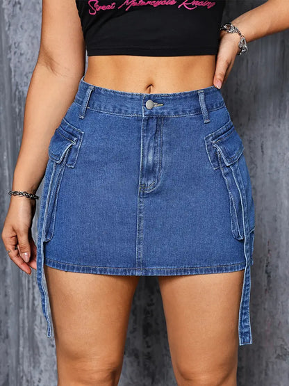 Cargo Mini Denim Skirt With Flap Pockets