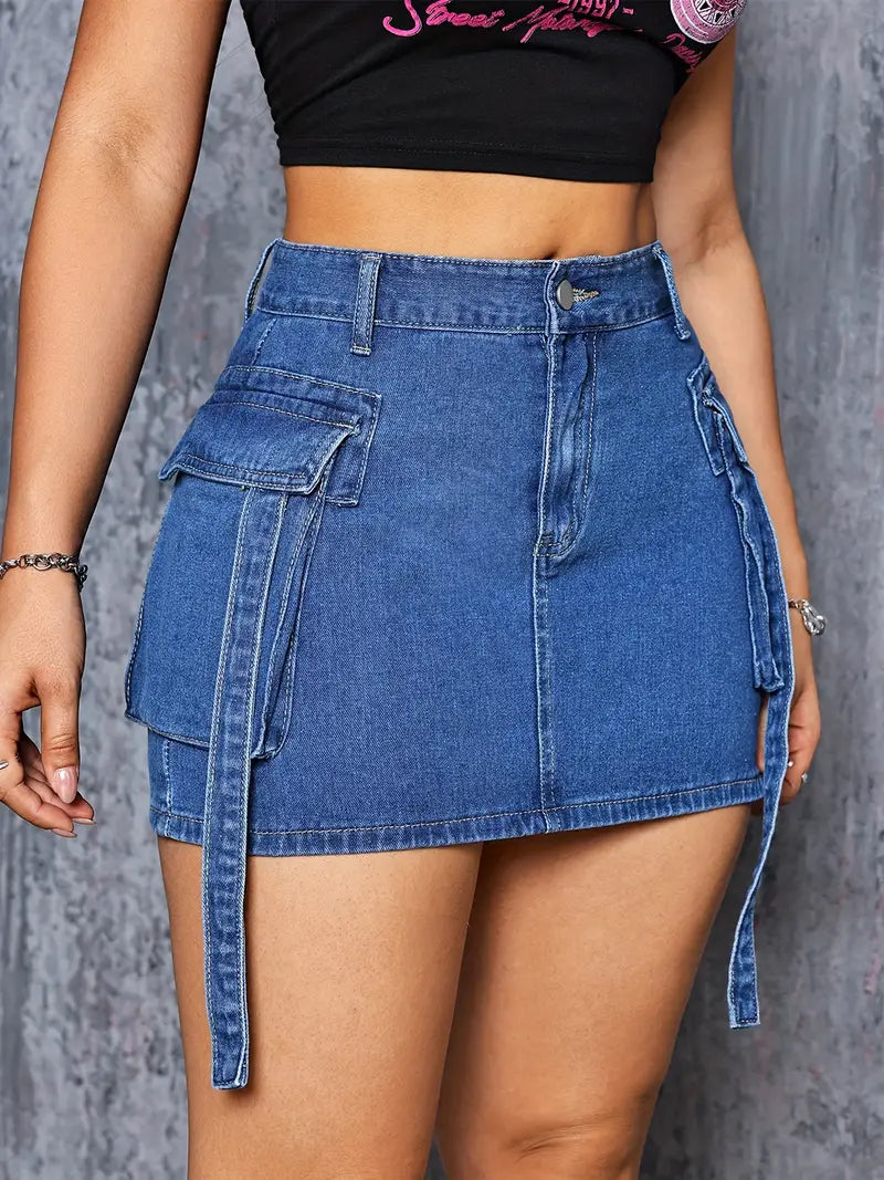 Cargo Mini Denim Skirt With Flap Pockets