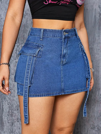 Cargo Mini Denim Skirt With Flap Pockets