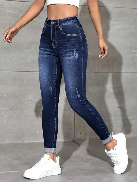 Whiskering Rolled Up Hem Skinny Jeans, High Rise Stretchy Elegant Denim Pants