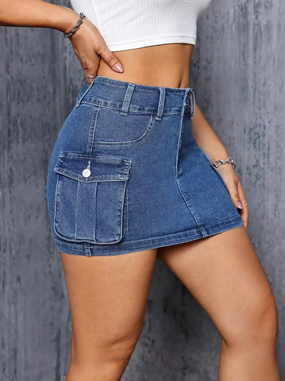 Side Flap Pocket Cargo Mini Denim Skirt - Plain Washed Blue Denim