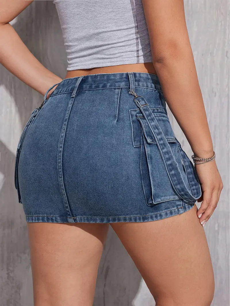 Cargo Mini Denim Skirt With Flap Pockets