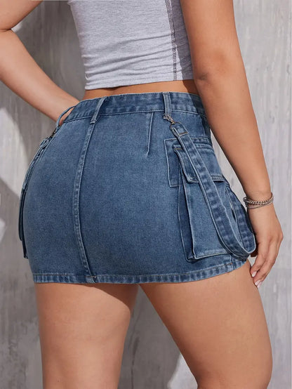 Cargo Mini Denim Skirt With Flap Pockets