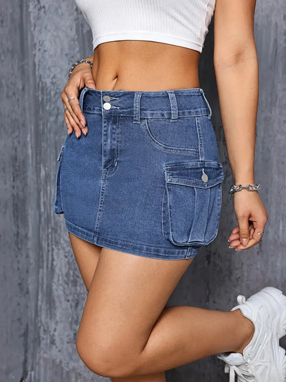 Side Flap Pocket Cargo Mini Denim Skirt - Plain Washed Blue Denim