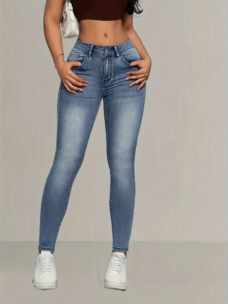 Women's Elegant High-Waist Skinny Jeans - Stretch Denim,