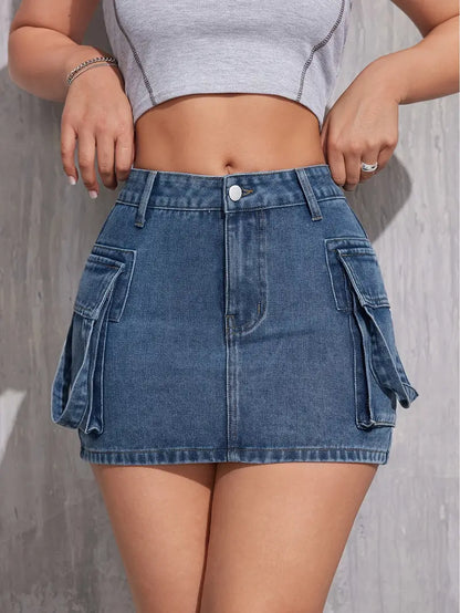 Cargo Mini Denim Skirt With Flap Pockets