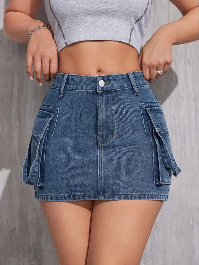Side Flap Pocket Cargo Mini Denim Skirt - Plain Washed Blue Denim