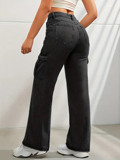 High Waist Denim Cargo Pants with Fashionable Flap Pockets