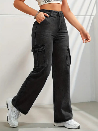 High Waist Denim Cargo Pants with Fashionable Flap Pockets