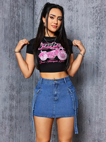 Cargo Mini Denim Skirt With Flap Pockets